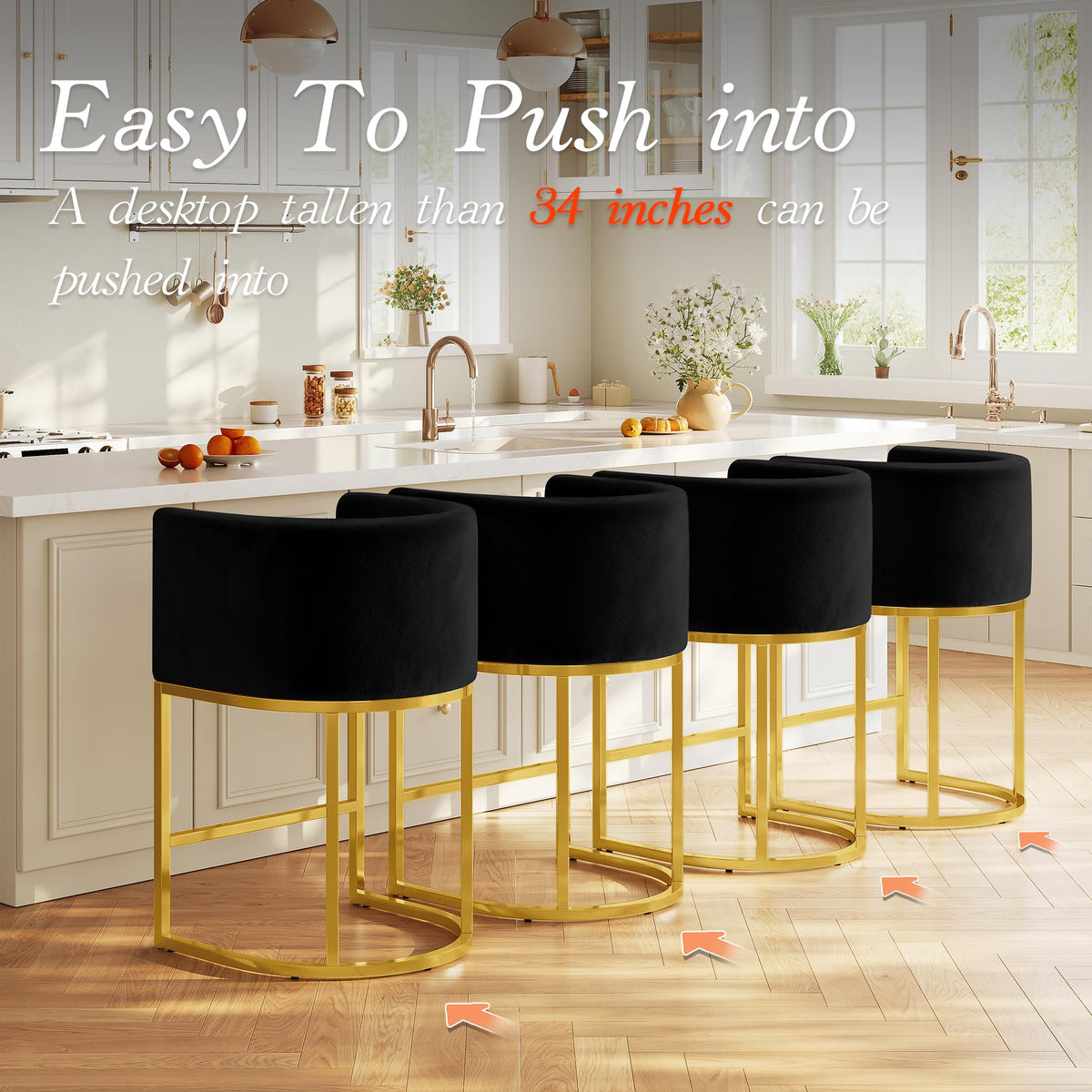 Modern Counter Height Bar Stools,Bar Stools Set of 4,Velvet Fabric Upholstered Barrel Barstools with Backs,26'' Kitchen Island Chairs,Metal Gold Frames,Ink Black Velvet