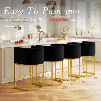 Modern Counter Height Bar Stools,Bar Stools Set of 4,Velvet Fabric Upholstered Barrel Barstools with Backs,26'' Kitchen Island Chairs,Metal Gold Frames,Ink Black Velvet