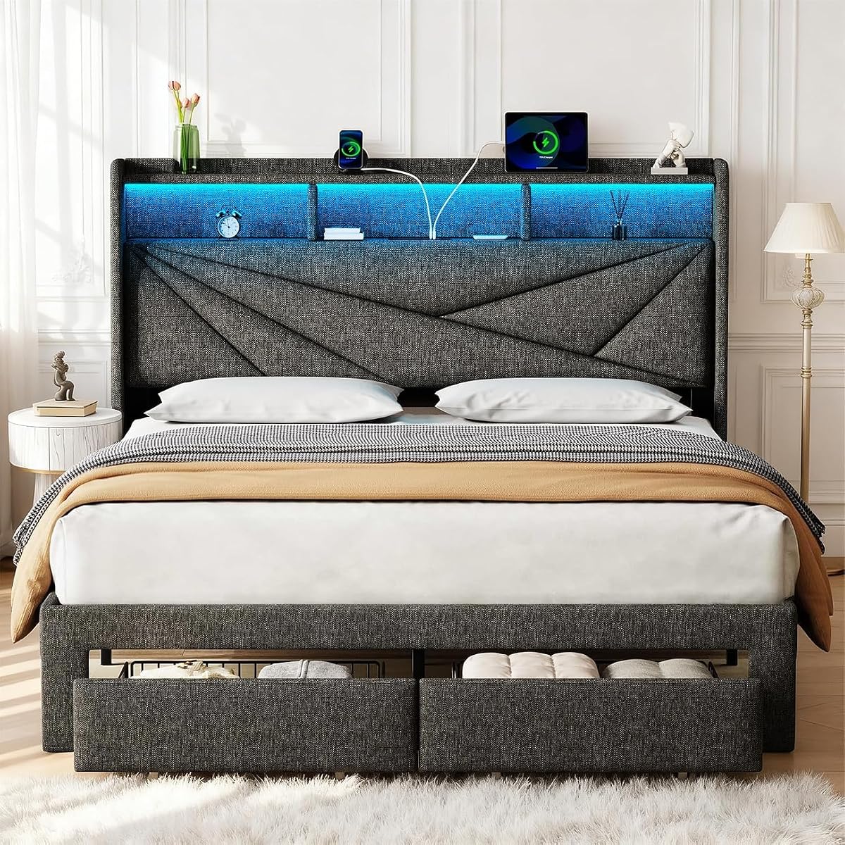 King Size Bed Frame with 2 Storage Drawers,Upholstered Headboard | LED Light, Charging Station, No Box Spring Needed, Easy to Assemble, Dark Grey