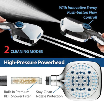AquaCare 4X High Pressure 10 Spray Mode Filtered Showerhead - Handheld Shower Head Filters Chlorine to Heal Dry Skin, Revive Hair - Dual Power Wash Cleans Tub, Tile, Pets - Hard Water Softener, Chrome