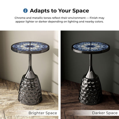Modern 24" Tall Round End Table with Printed Tabletop and Iron Metal Base, Accent Furniture, Pedestal Stand for Living Room, Home Office, Black with Geometric Floral