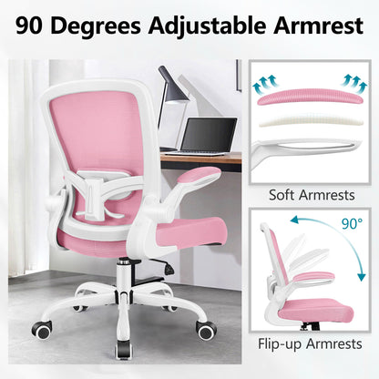 Office Chair, Ergonomic Desk Chair Breathable Mesh Chairs Adjustable High Back Lumbar Support Flip-up Armrests, Executive Rolling Swivel Comfy Computer Chairs Home Office Pink