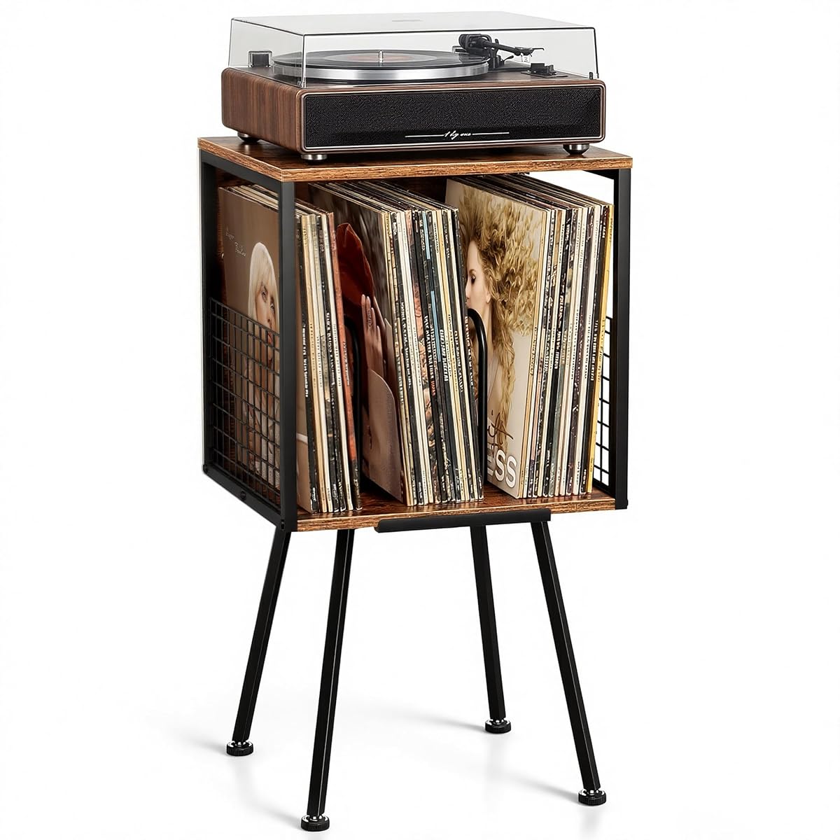 Record Player Stand with Storage Holds 100+ Vinyl Records, Industrial Turntable Stand with Storage Shelf, LP Album Organizer Cabinet for Small Spaces,Rustic End Table