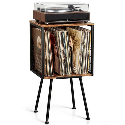 Record Player Stand with Storage Holds 100+ Vinyl Records, Industrial Turntable Stand with Storage Shelf, LP Album Organizer Cabinet for Small Spaces,Rustic End Table