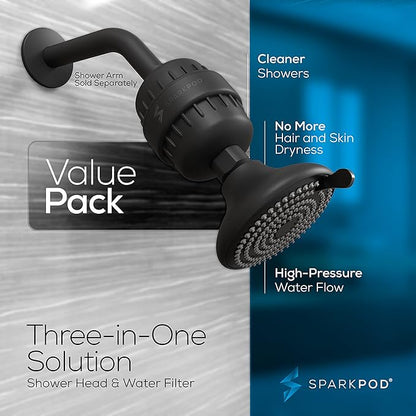 SparkPod 23-Stage Filtered Shower Head with 3 Spray Settings - High Pressure Shower Head with Filters for Dry Hair and Skin - Showerhead with Filter Reduces Chlorine & Heavy Metals (Black Matte)