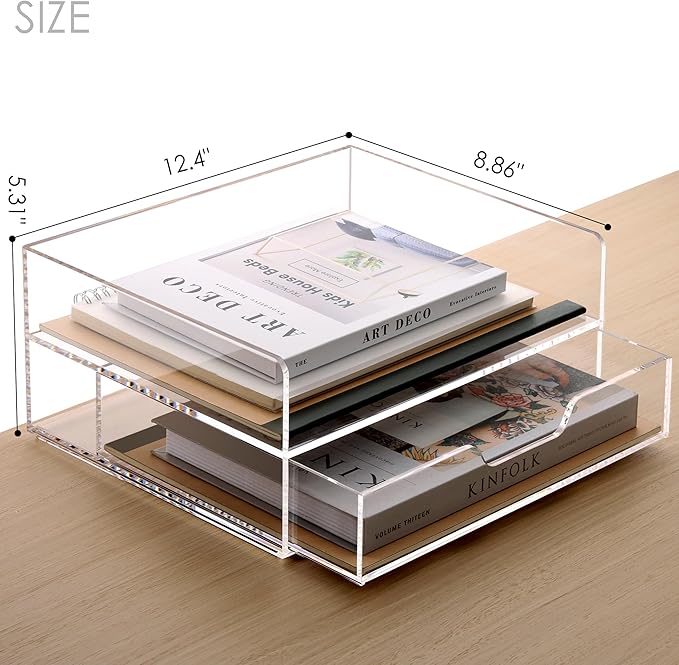 SANRUI 2-Tier Paper Letter Tray Organizer with Sliding Drawer,Stackable Desk Organizer,Acrylic Paper Tray for Office,Home or School,Clear
