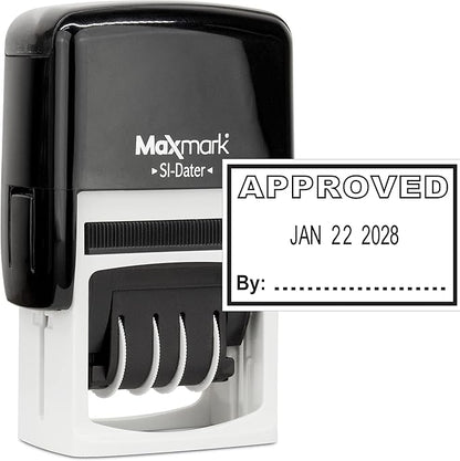 MaxMark Office Self Inking Date Stamp with Phrase Approved - Black Ink