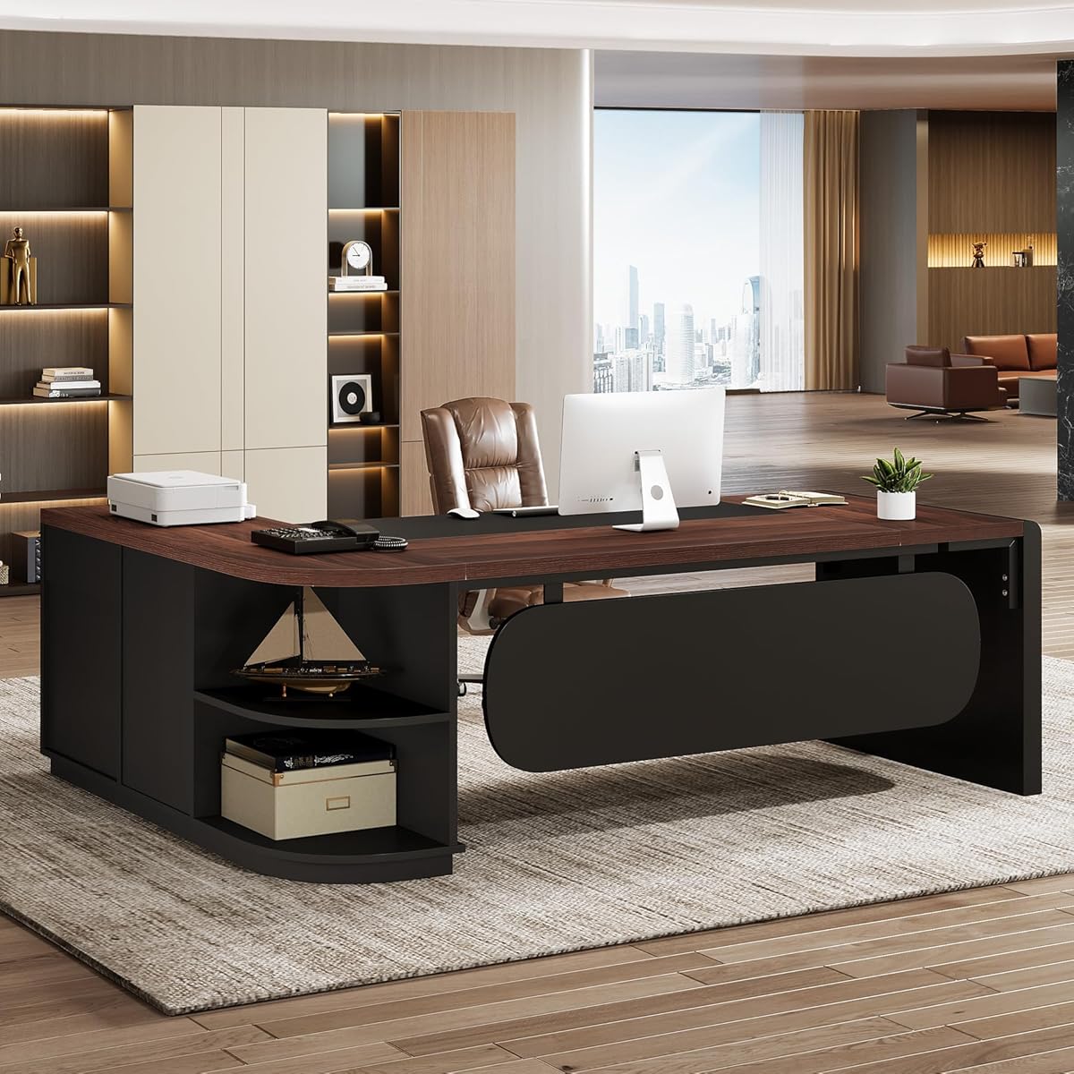 Tribesigns 80'' L-Shaped Desk, Large Executive Office Desk with 55'' Drawers Cabinet, Modern Computer Table with Storage Shelves, Business Furniture for Home Office, Walnut & Black