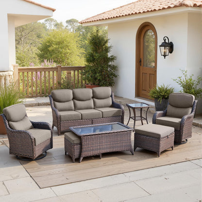 Luxury 6" Thick Cushioned 7 Pieces Patio Furniture Set with Outdoor Couch, Wicker Outdoor Conversation Set with High Back Swivel Rocker Chairs for Deck Porch Yard and Poolside - Brown+Grey