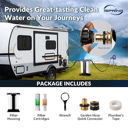 iSpring CW21 2-Stage Water Filtration System for RVs, Leak-Free Brass Fittings, Reduces Odor, Color, Chlorine, Sediment for RVs, Tankless, High Capacity, BPA Free