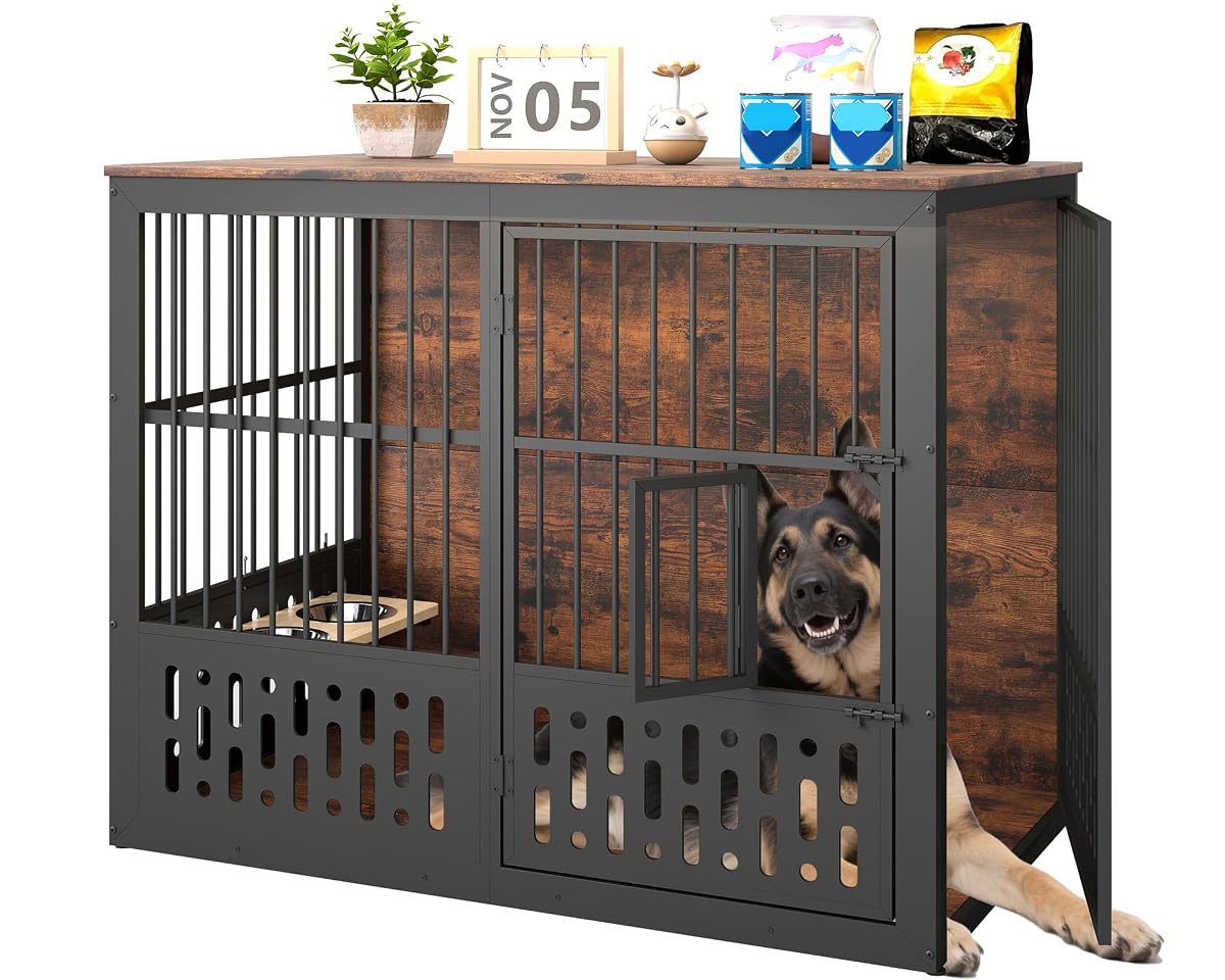 48 Inch XXL Dog Crate Furniture, Wooden Chewproof Dog Kennel with Interactive Window, 360° Adjustable Bowls (5 Heights), Storage Table Top, Heavy Duty XL Dog Crate for Medium Large Dogs, Brown