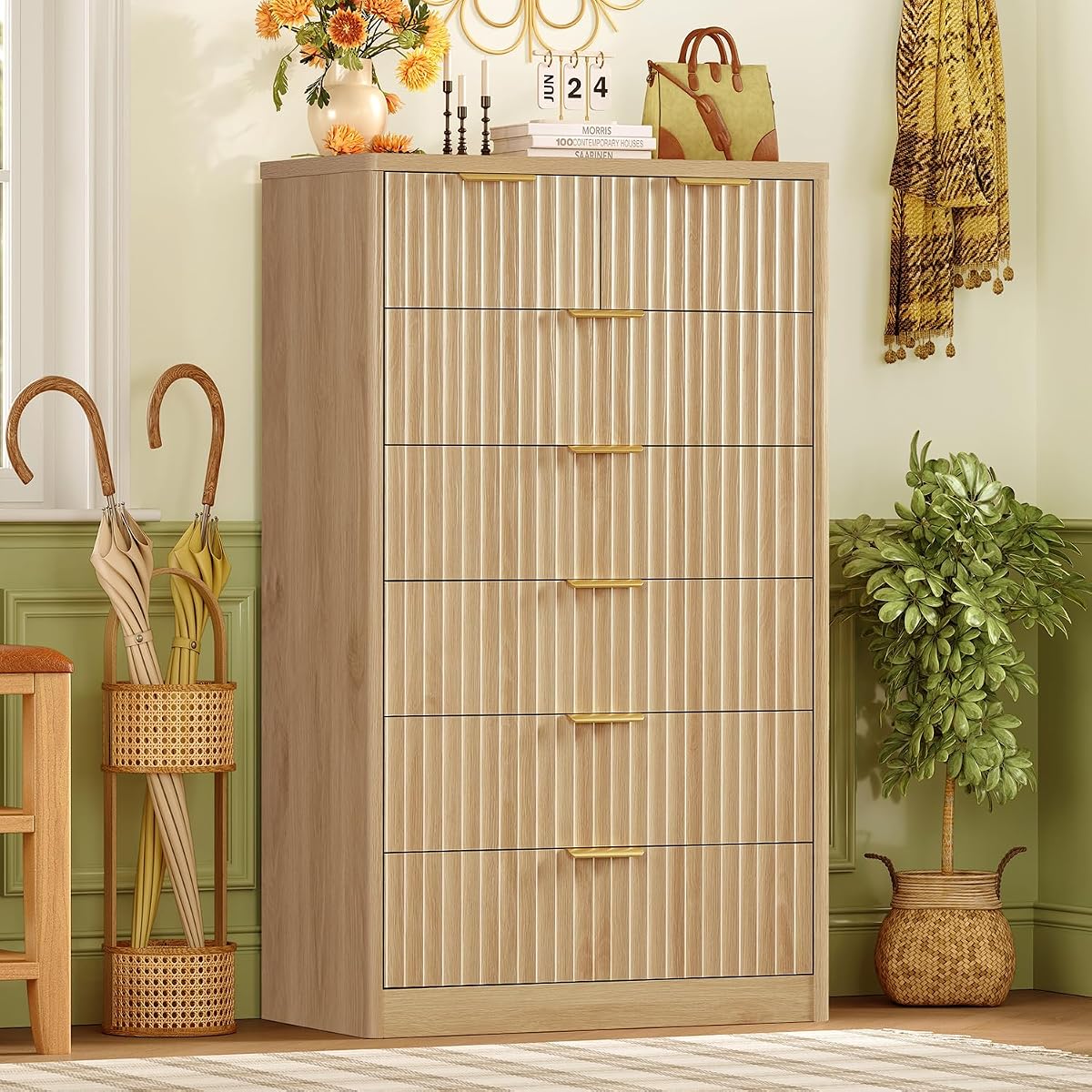 48" Tall Dresser for Bedroom with 7 Drawers, Dressers & Chests of Drawers with Metal Handle, Fluted Dresser, Wood Closet Clothes Storage Organizer for Bedroom, Hallway, Natural