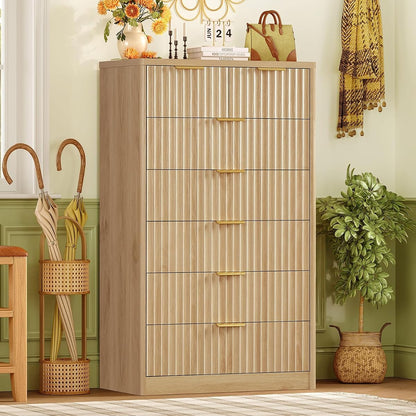 48" Tall Dresser for Bedroom with 7 Drawers, Dressers & Chests of Drawers with Metal Handle, Fluted Dresser, Wood Closet Clothes Storage Organizer for Bedroom, Hallway, Natural