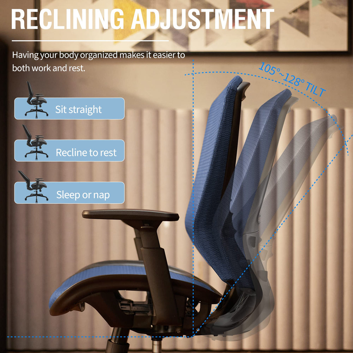 Office Chair,Ergonomic Computer Desk Chair,Sturdy Task Chair- Adjustable Lumbar Support & Armrests,Tilt Function,Comfort Wide Seat,Swivel Home Office Chair (Blue)