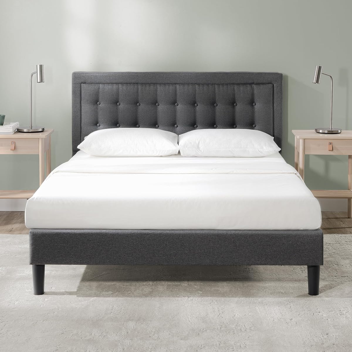 Zinus Dachelle Upholstered Platform Bed Frame, Mattress Foundation, Wood Slat Support, No Box Spring Needed, Eco Friendly WonderBox (TM) Packaging, Easy Assembly, Dark Grey, Queen