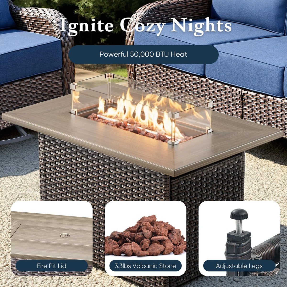 Luxury 6" Thick Cushioned 5 Pieces Patio Furniture Set with Fire Pit Table, Wicker Outdoor Conversation Set with High Back Swivel Rocker Chairs for Deck Porch Yard and Poolside - Brown+Blue