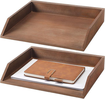 Beeveer 2 Pcs Wooden Letter Trays Wood Letter-Size Desk Organizer Heavy Duty 2 Tier Stackable Supports Paper Tray Desktop Drawer Organizer File Folder Magazine Office Accessories(Dark Wood)