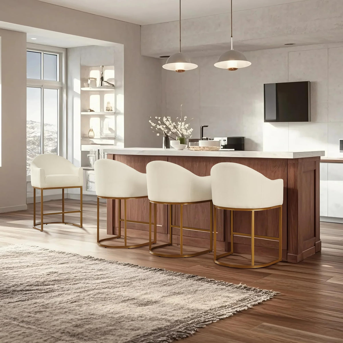 Counter Height Bar Stools Set of 2,Modern Counter Height Bar Stools,Fabric Upholstered Barrel Barstools with Backs,26'' Kitchen Island Chairs,Metal Gold Frames,Off White Linen