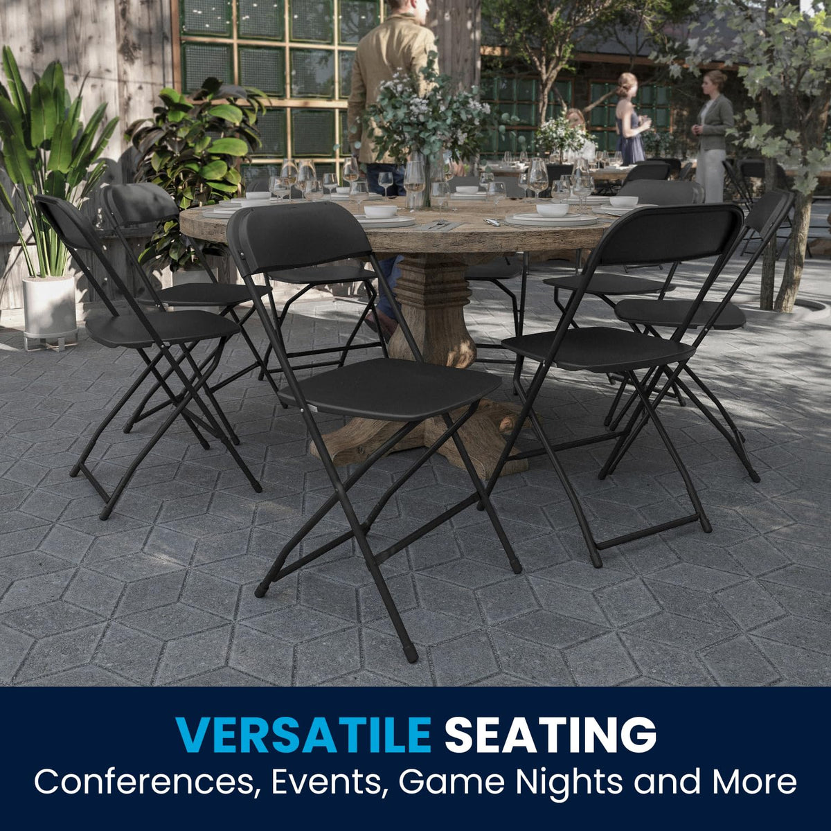 Hercules Series Plastic Folding Chairs for Parties and Weddings, Stackable Commercial Event Seats with 650-lb. Static Weight Capacity, Set of 2, Black