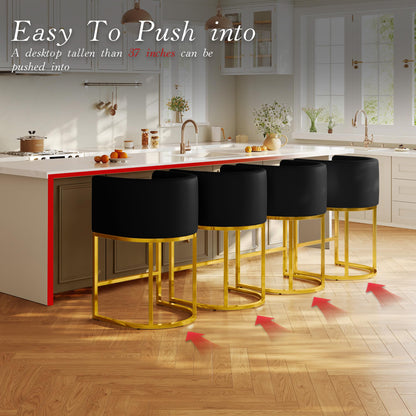 26" Modern Counter Height Bar Stools,PU Leather Upholstered Barrel Barstools with Backs,Island Chairs Bar Stools Set of 1,Metal Gold Frames,Black Leather