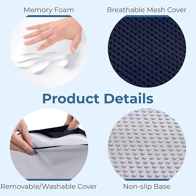 5 STARS UNITED Seat Cushion for Tailbone Pain Relief – Memory Foam Cushion for Coccyx, Hip, Hemorrhoid, Sciatica & Post-Surgery Recovery – Wheelchair, Car, Desk, Gaming & Office Chairs, D Blue