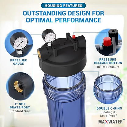 20 x 4.5 Whole House 1 Stage CTO Coconut Shell Carbon Block Water System w/ 1" NPTF Port Housing Head Includes 5 Micron CTO Filter, Gauge & Bracket BB-20B WH100SP WDS150K CB1-CAB20-BB DB20P
