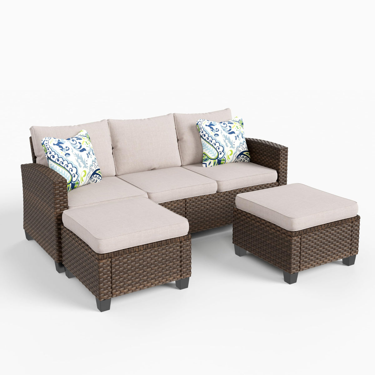 Small Patio Furniture Set, 3 Pieces Wicker Outdoor Sectional Set, L-Shaped Patio Couch Set, Modular Rattan Conversation Set with Lounge Sofa and Ottomans for Deck Lawn Garden, Beige