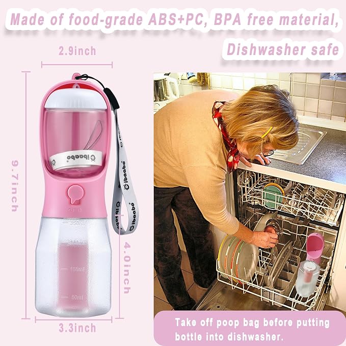 Cibaabo Dog Water Bottle with Food Container & Poop Bag Holder & Filter | Travel Water Bowl, Portable Pet Dispenser, Girl Dog Accessories Gift for Walking Hiking