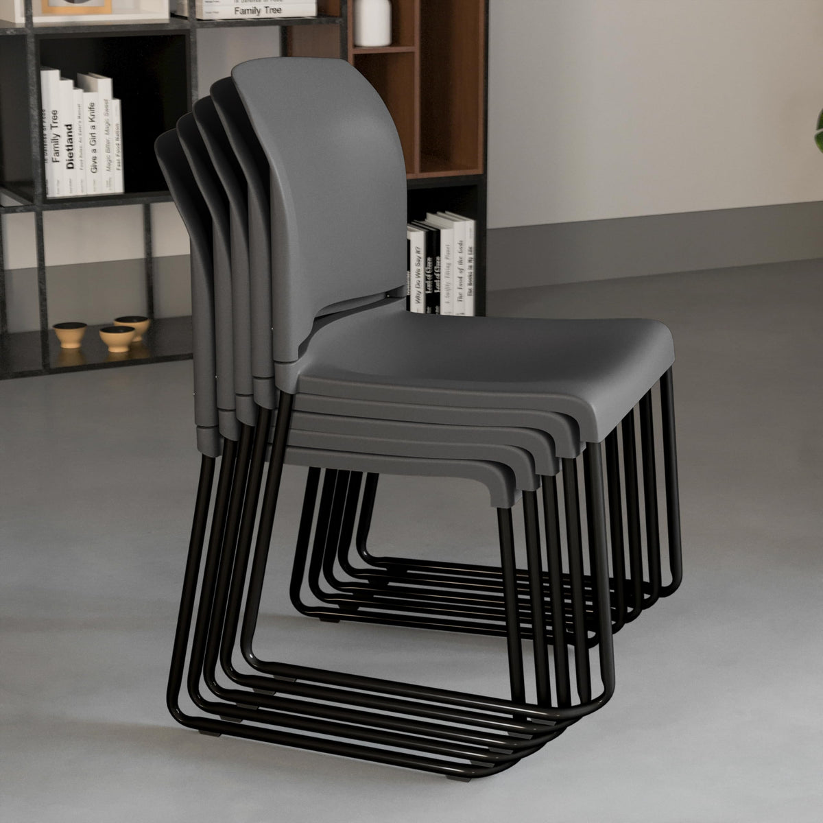 880 lb. Capacity Gray Full Back Contoured Stack Chair with Black Powder Coated Sled Base