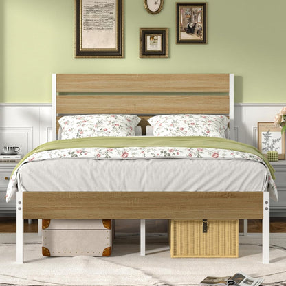 Full Size Bed Frame - Heavy-Duty Metal Platform with Wood Headboard, No Box Spring Needed, Natural Wood