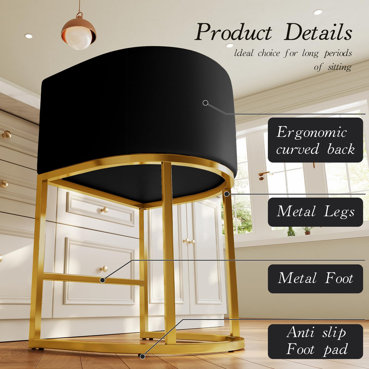 Modern Counter Height Bar Stools,Bar Stools Set of 3,PU Leather Upholstered Barrel Barstools with Backs,24'' Kitchen Island Chairs,Metal Gold Frames,Ink Black Leather