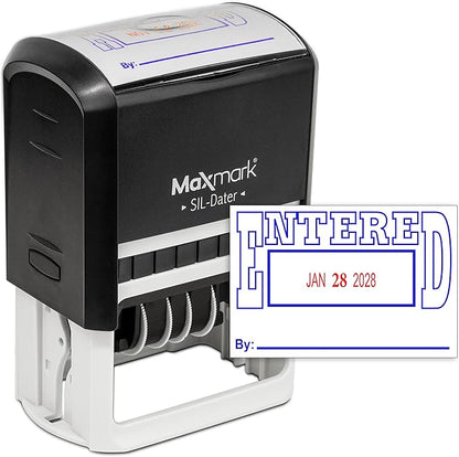 MaxMark Large Self-Inking Rubber Date Office Stamp with Entered Phrase & Date - Blue/Red Ink, 12-Year Band - Style 5