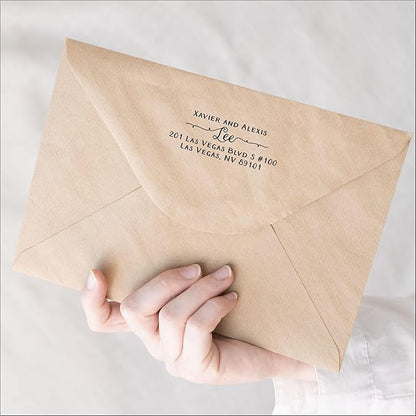 PrettySweetParty Self Inking Return Address Stamp - Custom 4 Line Personalized Address Stamp for Envelopes, Wedding Invitations, Business, Mailing Labels (Williams Curly Tails)