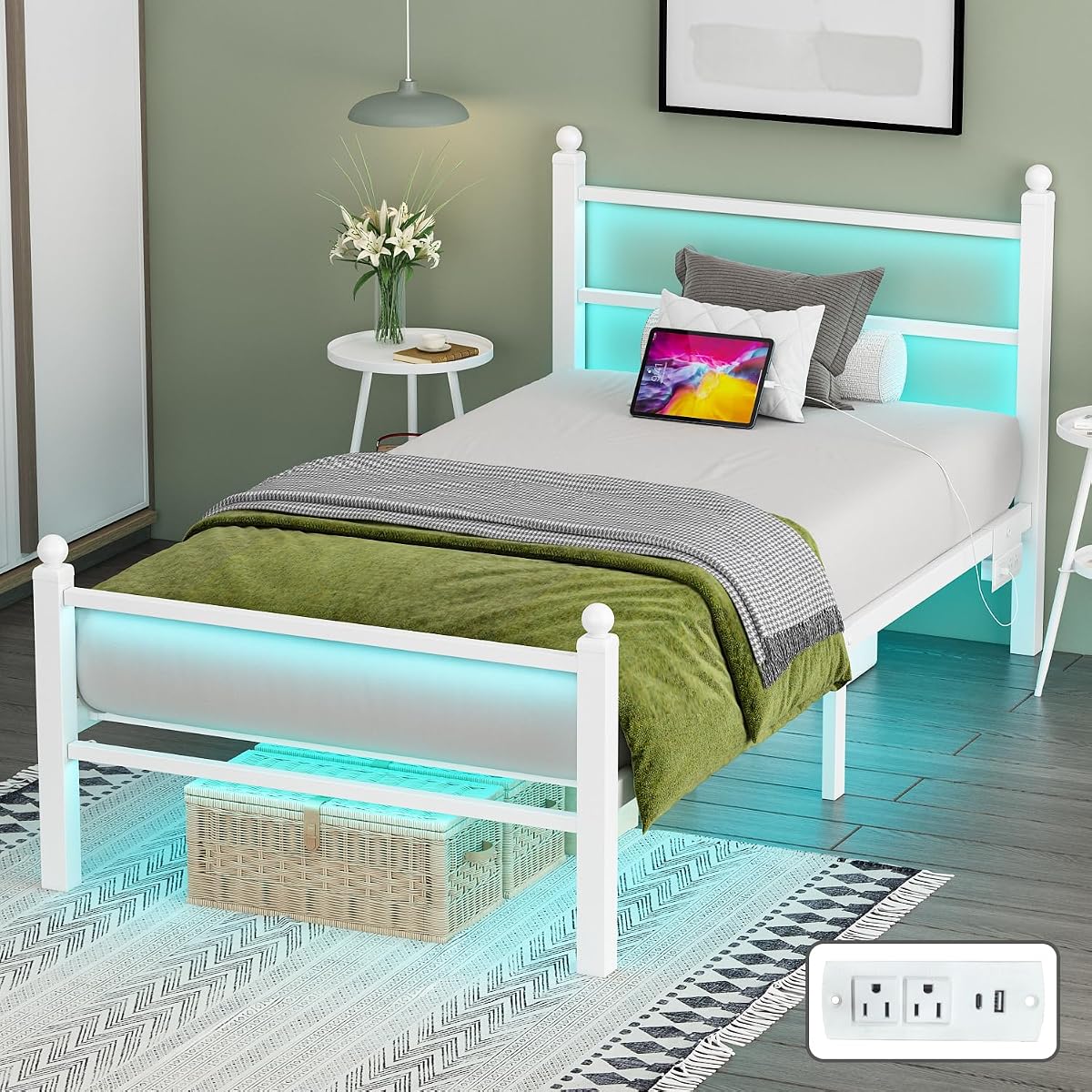Twin Bed Frames with Headboard and Footboard,White Metal Platform Bed Frame with RGB LED Lights and USB Charging Station,Under Bed Storage,No Box Spring Needed,Suitable for Bedrooms