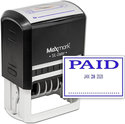 MaxMark Large Self-Inking Rubber Date Office Stamp with Paid Phrase & Date - Blue Ink, 12-Year Band - Style 3