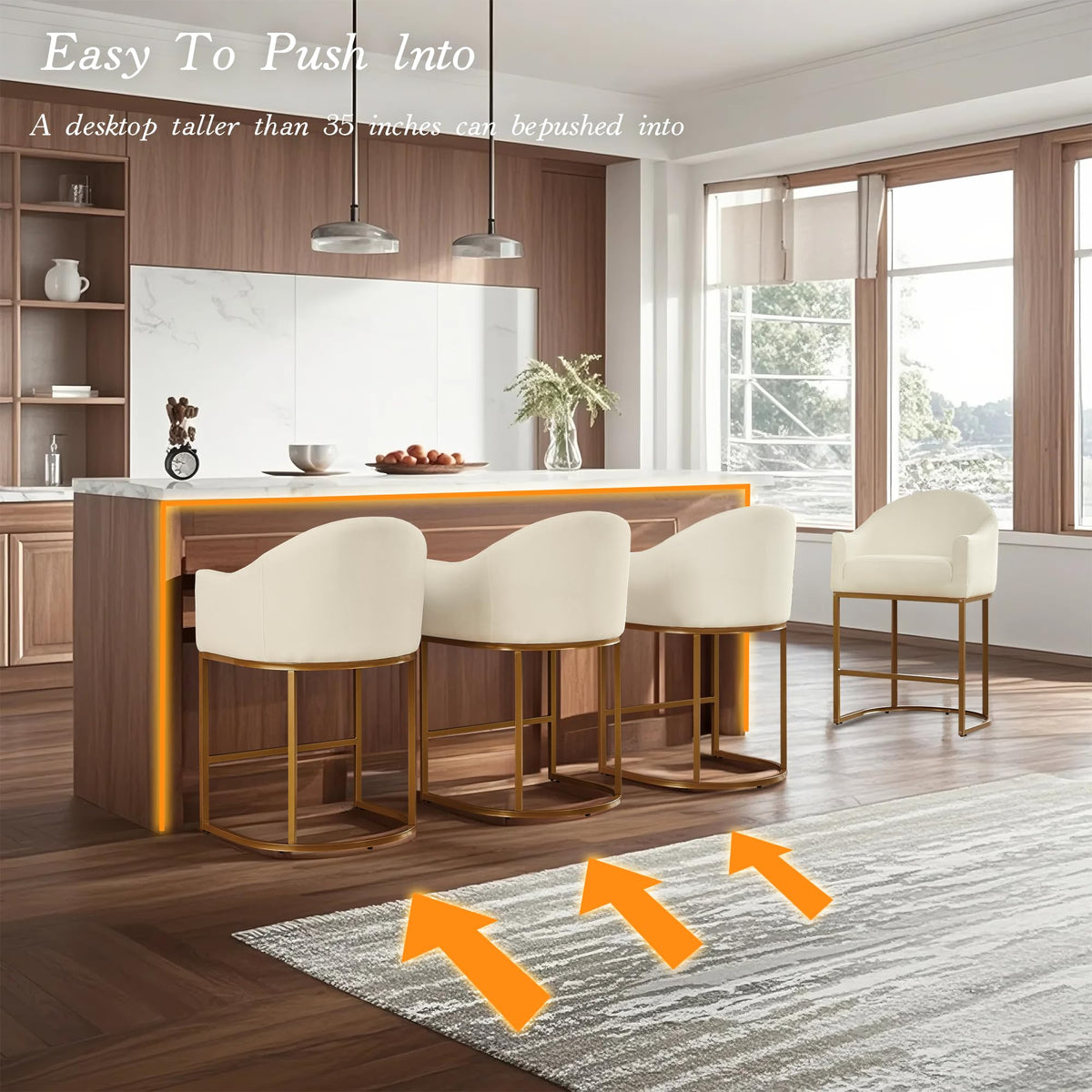 Counter Height Bar Stools Set of 2,Modern Counter Height Bar Stools,Fabric Upholstered Barrel Barstools with Backs,26'' Kitchen Island Chairs,Metal Gold Frames,Off White Linen