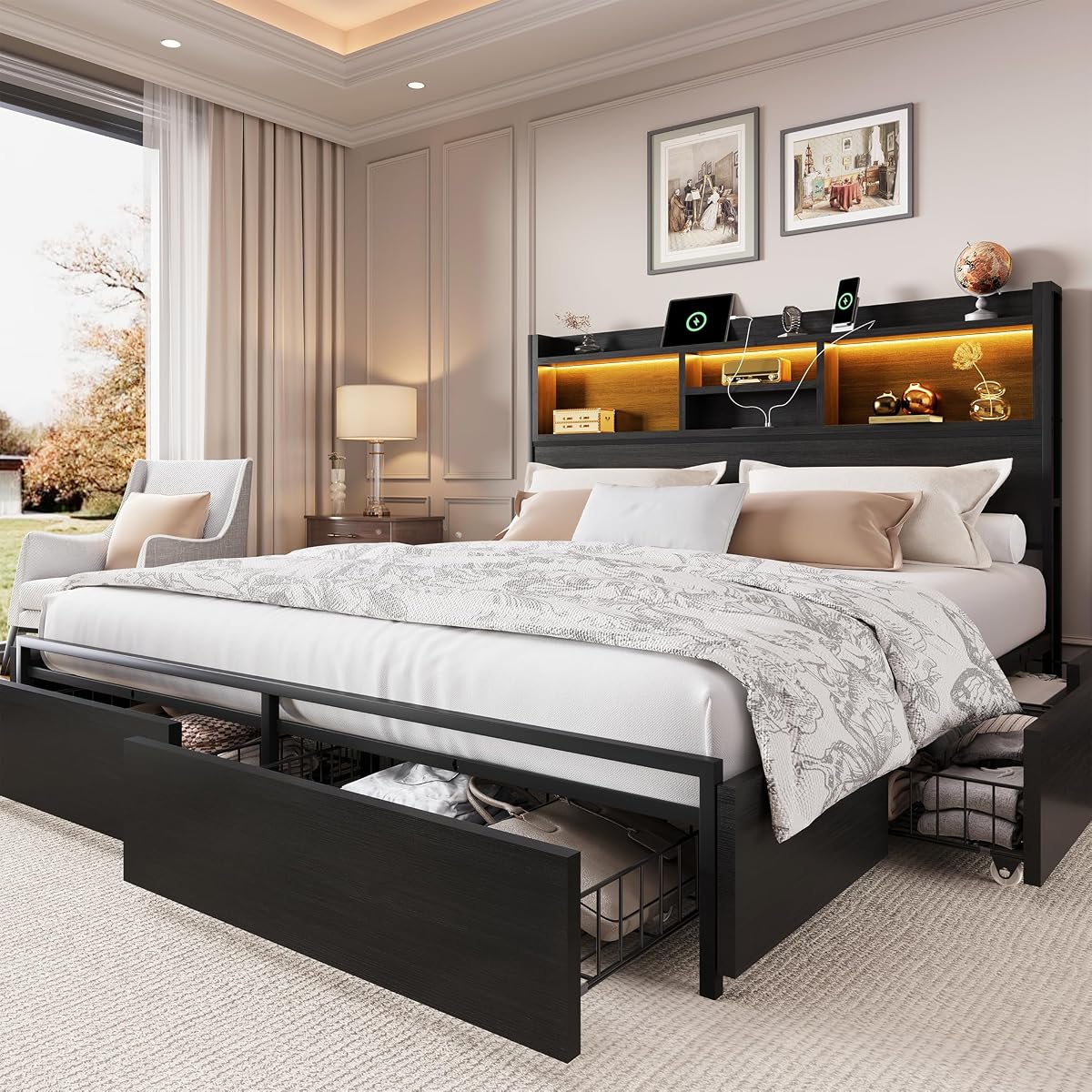 King Size Bed Frame with 6 Storage Drawers and Headboard Wooden Platform Bed Frame with LED Lights and Charging Station Easy Assembly/No Box Spring Needed/Black