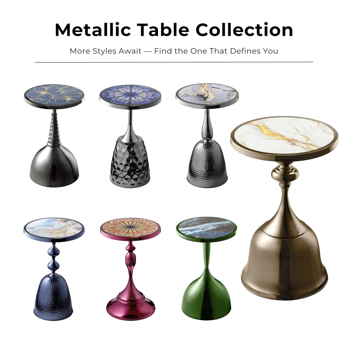 Modern 24" Tall Round End Table with Printed Tabletop and Iron Metal Base, Accent Furniture, Pedestal Stand for Living Room, Home Office, Black with Geometric Floral