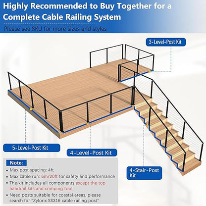 36" Modular 12-16FT Black T304 Cable Railing Post Kit, Complete Cable Railing System with 4 Level Posts & 177ft 1/8" Wire Rope(No Handrail), Adjustable Length Easy DIY for Decks/Porch