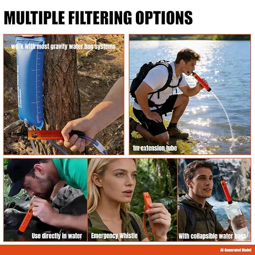 High-Capacity Survival Water Filter Straw Kit with Emergency Whistle, Lightweight Reusable Portable Water Straw for Camping, Hiking, Backpacking & Emergency Preparedness(1 Pack)