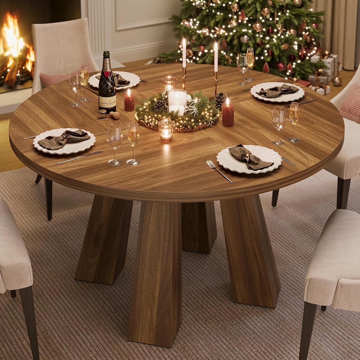 47" Round Dining Table for 4-6, Wood Kitchen Table with Sturdy Base, Farmhouse Circle Dinner Table for Dining Room, Living Room, 4 Strong Legs, Walnut