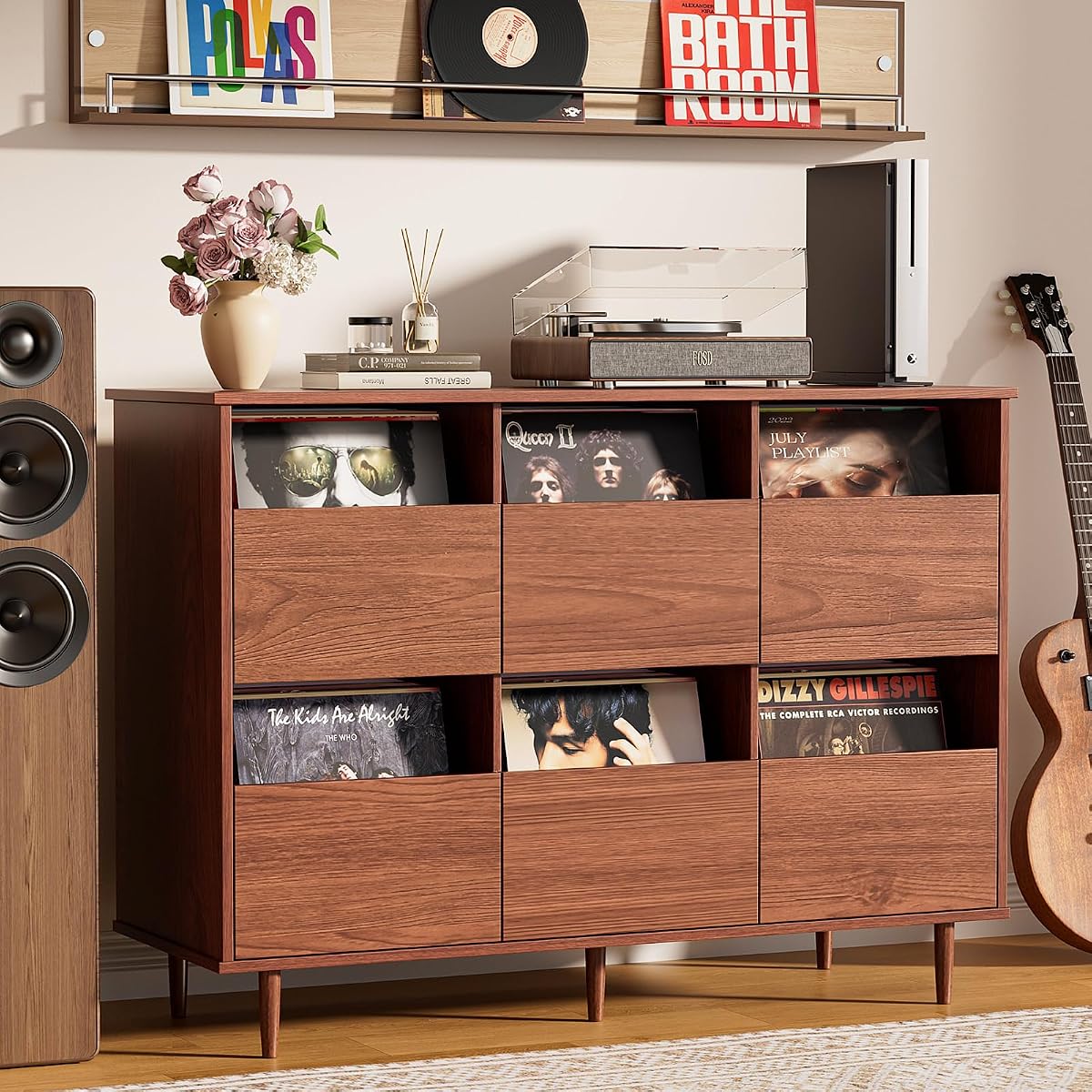 47.2" Large Record Player Stand, Vinyl Record Storage Cabinet,Brown | Fit 7“/10"/12" Vinyl Record, Mid Century Turntable Stand, Media Cabinet with 6 DVD Drawers for Living Room, Music Corner