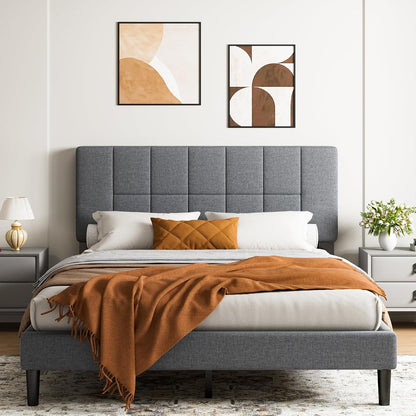 Queen Size Bed Frame, Sturdy and Durable with 12 Support Legs, 1300 lbs Capacity, Solid Wooden Upholstered Adjustable Headboard for 6"-12" Mattresses, Easy Assembly, Ideal Height, Dark Gray