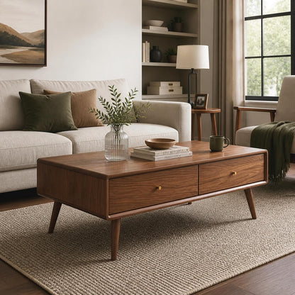 100% Oak Wood Coffee Table, Mid Century Modern Living Room Table | Coffee Table with 4 Drawers and Storage Shelf, Oak Wood Furniture for Home, 47.24''