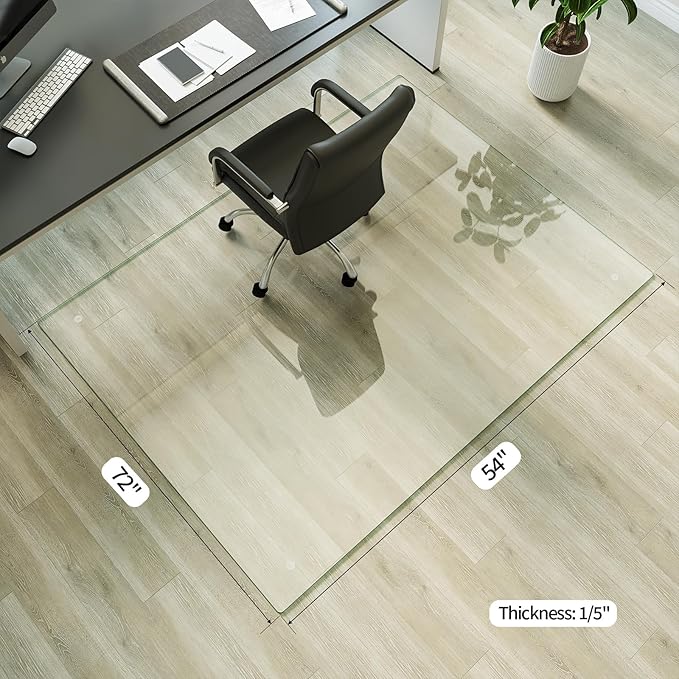Koonmi Tempered Glass Chair Mat for Hardwood Floors & Carpets, 54" x 72“ Transparent Heavy Duty Office Floor Protector with Noise-Free Gliding Shatterproof for Home Office Desk