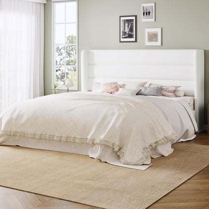 Queen Size Platform Bed Frame with Velvet Upholstered Wingback Headboard, No Box Spring Needed, Under Bed Storage Space, Strong Wooden Slats, Modern Mattress Foundation, Easy Assembly, White