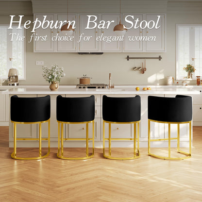 Modern Counter Height Bar Stools,Bar Stools Set of 3,Velvet Fabric Upholstered Barrel Barstools with Backs,24'' Kitchen Island Chairs,Metal Gold Frames,Ink Black Velvet