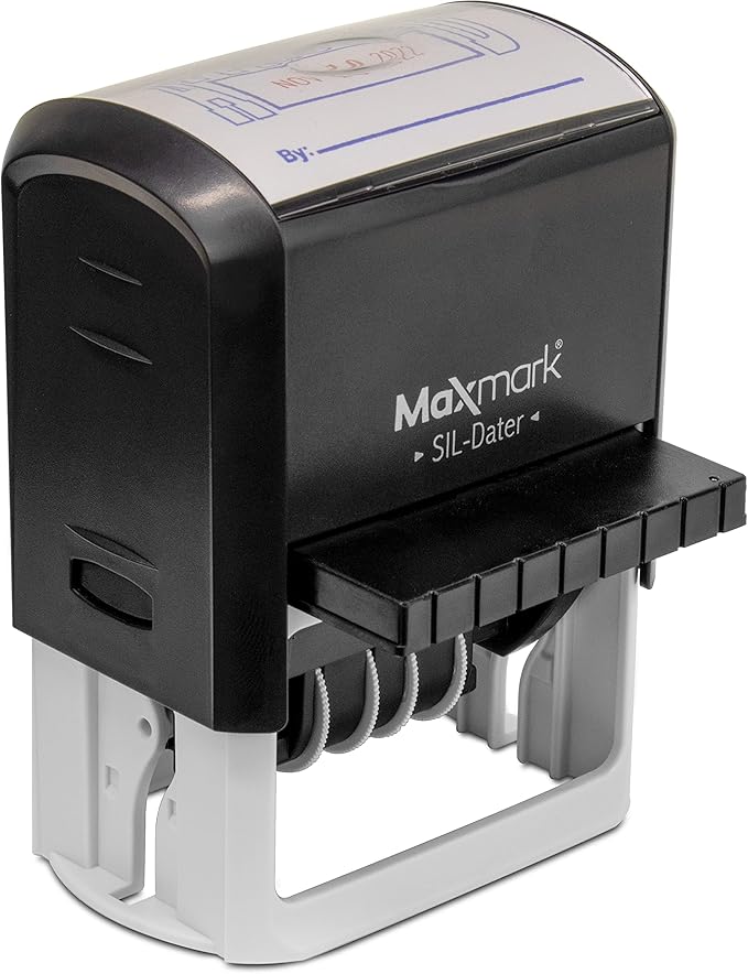 MaxMark Large Self-Inking Rubber Date Office Stamp with Entered Phrase & Date - Black Ink, 12-Year Band - Style 5