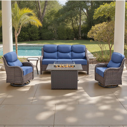 Luxury 6" Thick Cushioned 5 Pieces Patio Furniture Set with Fire Pit Table, Wicker Outdoor Conversation Set with High Back Swivel Rocker Chairs for Deck Porch Yard and Poolside - Brown+Blue