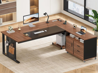 71" Executive Desk with Rolling File Cabinet, Large Office Desk with Drawers, L Shaped Computer Desk with Power Outlets, CPU Stand, Pegboard and Storage Shelves, Brown